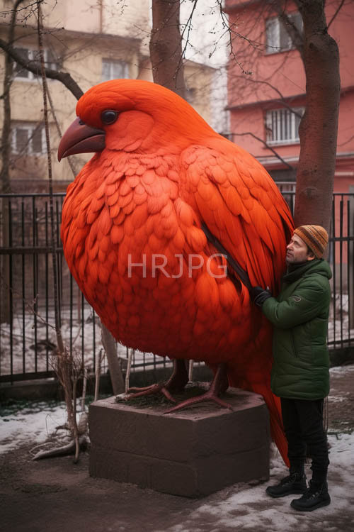 snowencrusted avian monument amidst monochromatic wintertime landscape with urban background