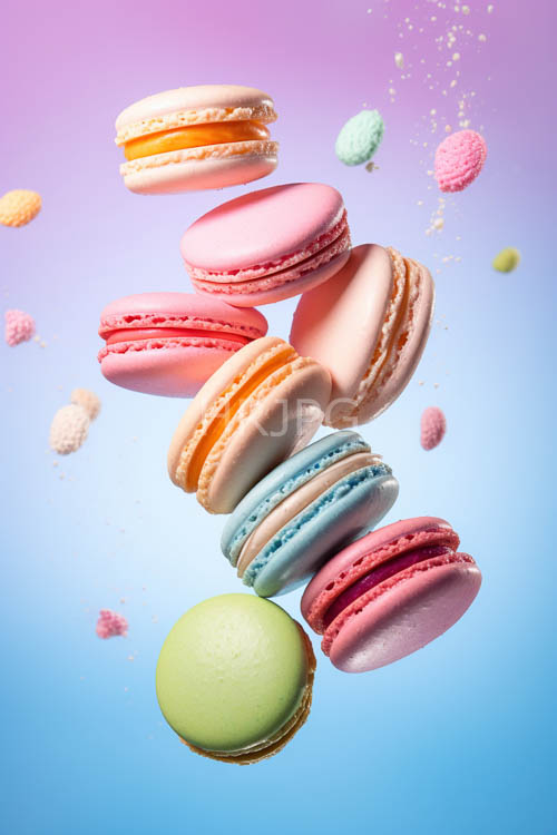 macarons suspended in midair amidst gradient blue to pink backdrop
