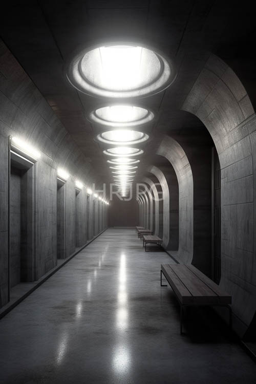 High Resolution: Industrial Corridor with Polished Gray Stone Floor Reflecting Ceiling Lights download. | HRJPG.com