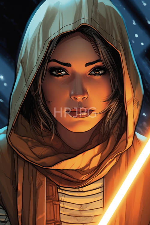 celestial realism depicts woman in medium brown skin with orange lightsaber glow on beige cloak