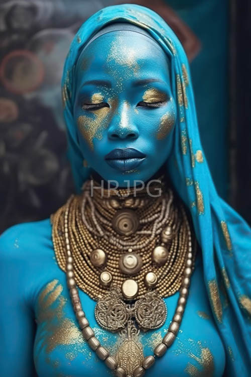 african woman wears ornate silver necklaces in turquoise fabricated headgear setting sunlight