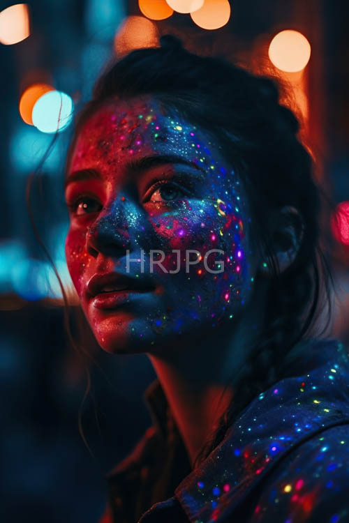 High Resolution: Multicolored glitter glows on faces under orange blue light download. | HRJPG.com