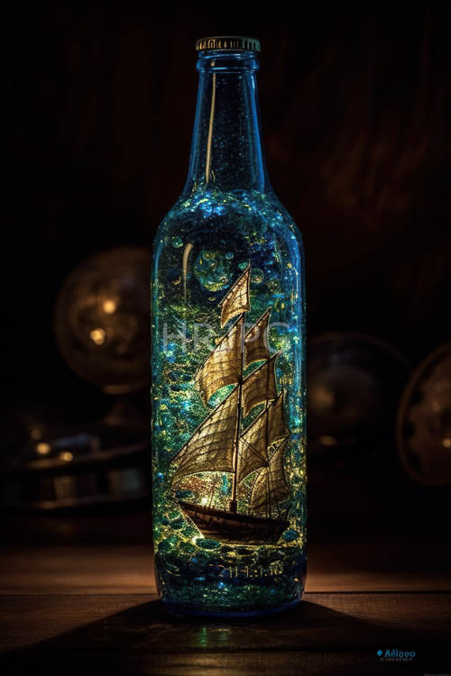golden ship model in glass encasement luminates oceanic blue and green particles