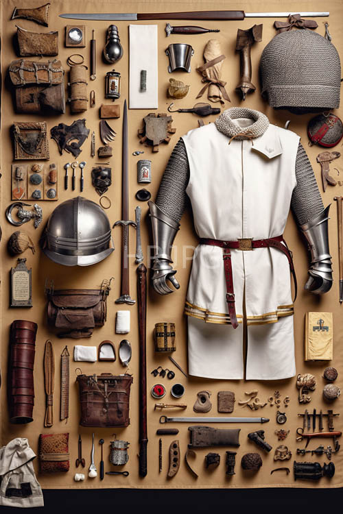 medieval knights attire showcased on worn wooden planks amidst ornate silver and intricately crafted leather helmets
