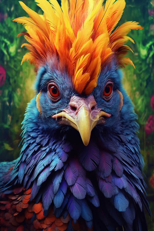 exotic bird takes flight in kaleidoscope of iridescent colors across fiery redorange body in lush jungle setting