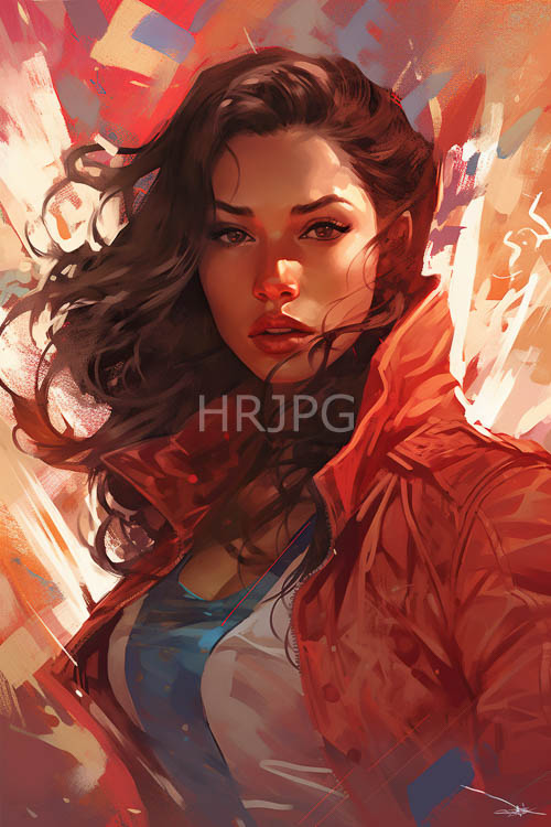 fading sunset colors swirl in abstract background with wavy hair and brown eyes