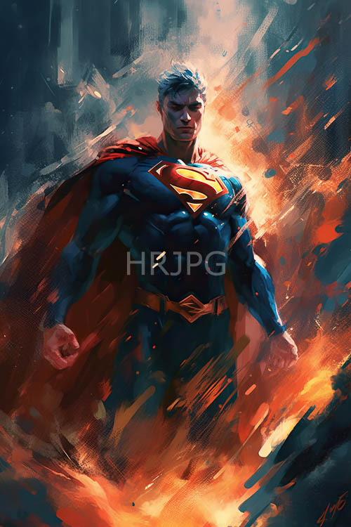 superman stands resolute amidst swirling infernos of turbulent orange flames and smoldering darkness