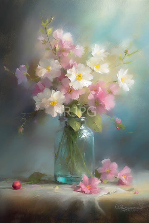 glass bottles display unfurling flower petals on lavender landscapes