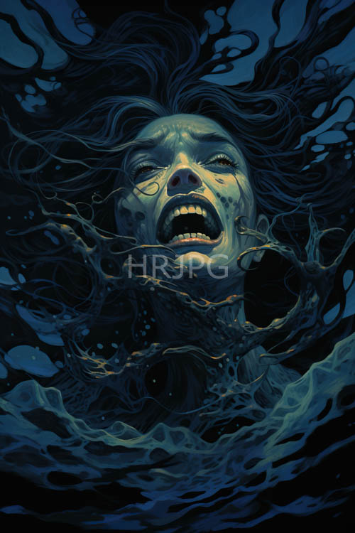 turbulent blue water envelops pale face in anguished tangled hair