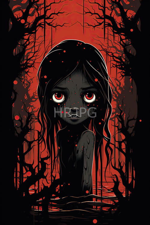 skeletal fingers weave across somber childs pale skin against crimson backdrop