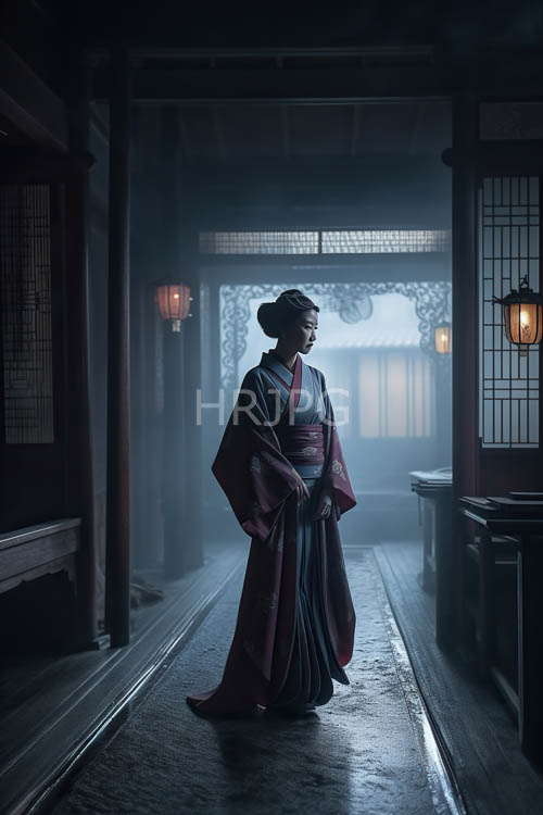 layered kimonos draped across intricately carved wooden beams amidst faint light