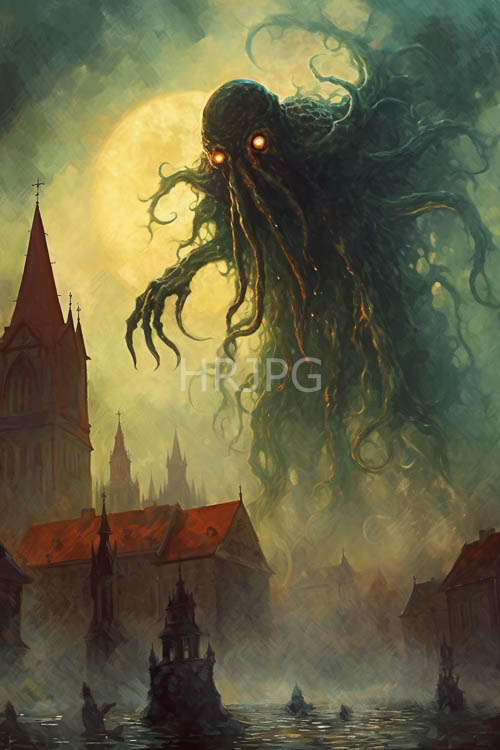 gothic architecture shrouded in eerie misty veil enveloped by undulating sea monsters glow