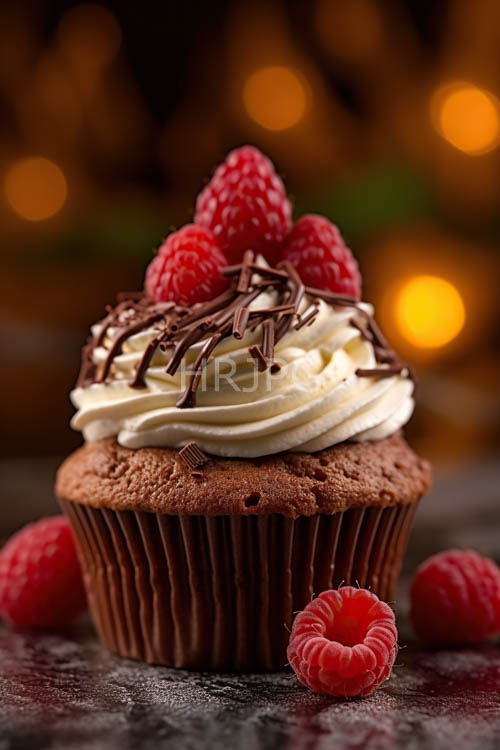 sugarcoated peaks cascade amidst cocoa powder drizzle on tantalizing cupcake display