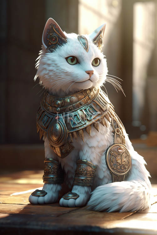white cat characters sit on worn wooden floorboards