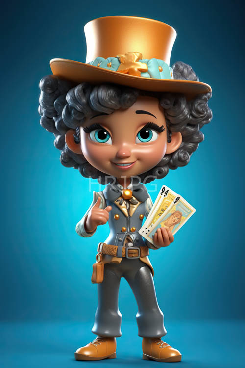 curlyhaired girl in chibistyle outfit with intricate golden accents on brown top hat and matching vest
