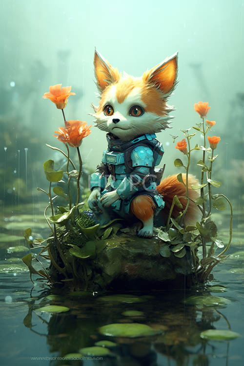 misty pond awakening with delicate red blossoms and orange fox cub