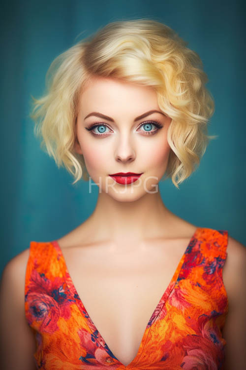 fairskinned woman with striking blue eyes poses against deep teal backdrop