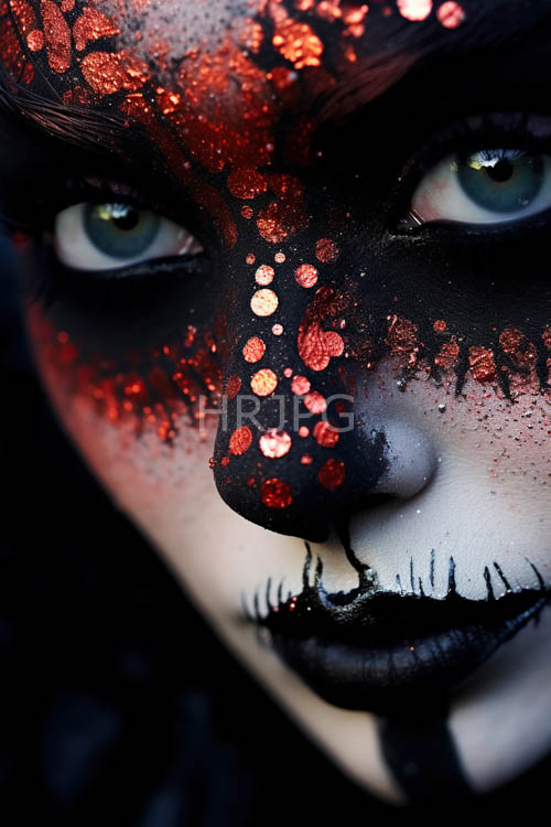 pale skin accentuates striking blue eyes with dark expressive makeup and vibrant red glitter