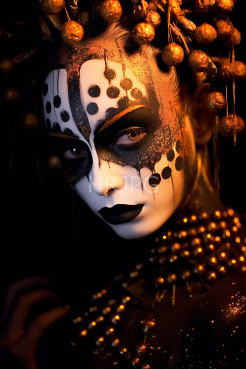geometric polka dots accentuate facial features amidst intricately designed beaded headpiece