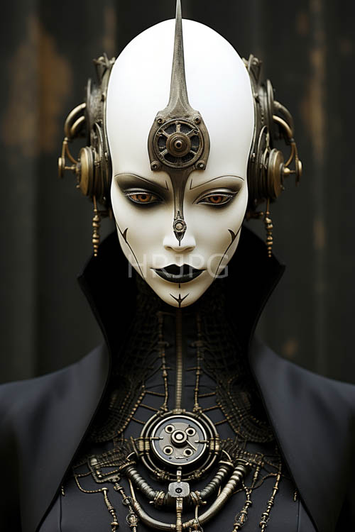 iridescent fabrics envelop figure in intricate folds and creases of ornate brass headgear