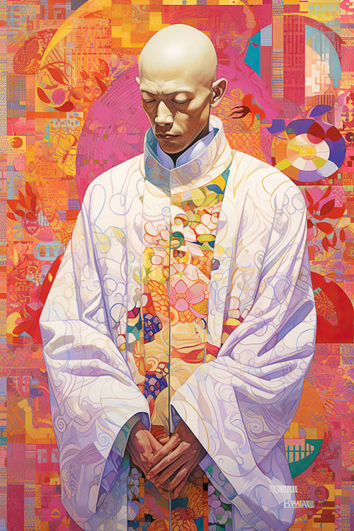 pixelated realism figure in kaleidoscopic background with geometric patterns