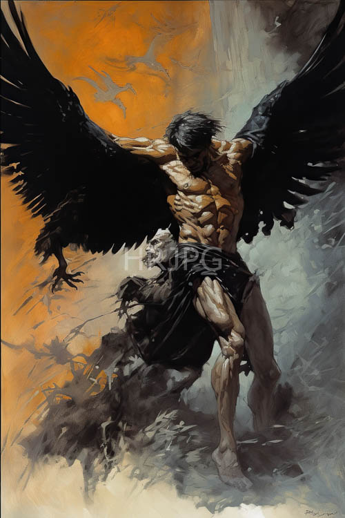muscular shoulders flexed against turbulent orangegray sky backdrop of swirling clouds