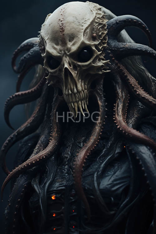 skeletal creatures tentacled form emerges from weathered wooden surroundings amidst flickering dim light