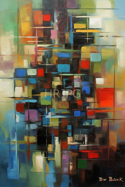 intersecting geometric shapes create fiery red electric blue and lime green dominant complex composition