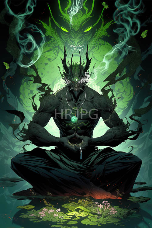 High Resolution: Water lilies float around meditating demon figures in cities download. | HRJPG.com