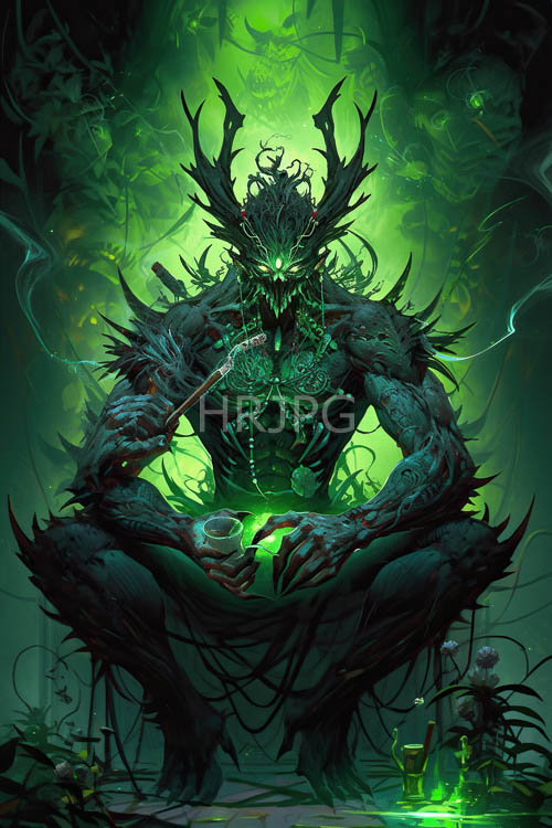 demon hulks amidst twisted gnarled trees illuminated by eerie neongreen light sources