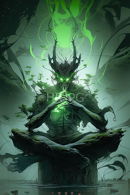 mossy rock formations surround humanoid figures wrapped in green vines