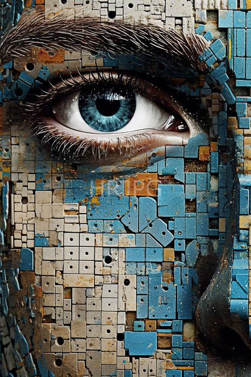 blue eyes gaze through beige mosaic tile arrangements