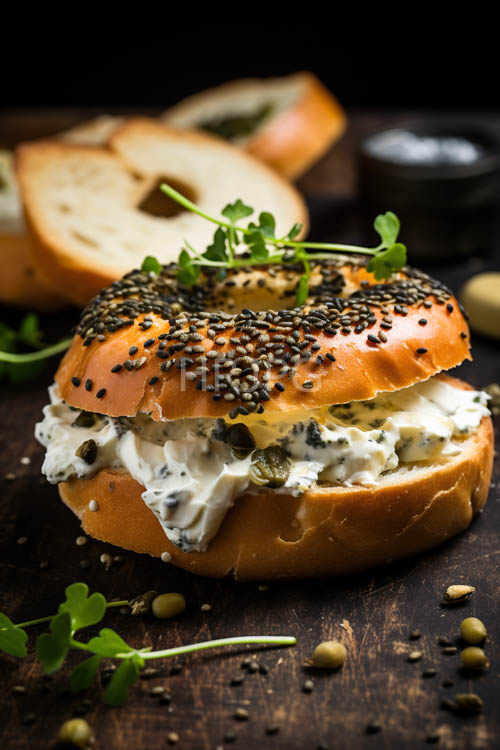 toasted bagel halves with fresh parsley and cream cheese on a weathered wooden table