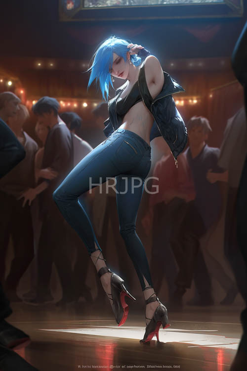 edgy womans electric blue hair swirls amidst strobelit nightclubs frenetic dance floor chaos and urban grit