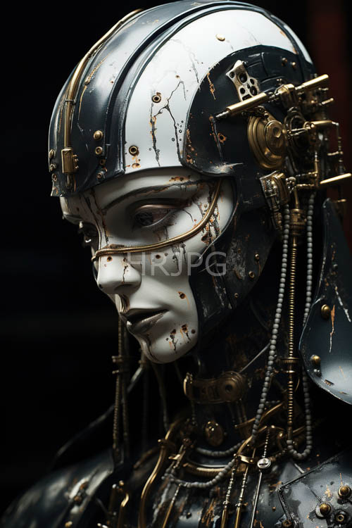High Resolution: Cybernetic Humanoid Head Exhibits Mechanical Fragility in Weathered Armor download. | HRJPG.com