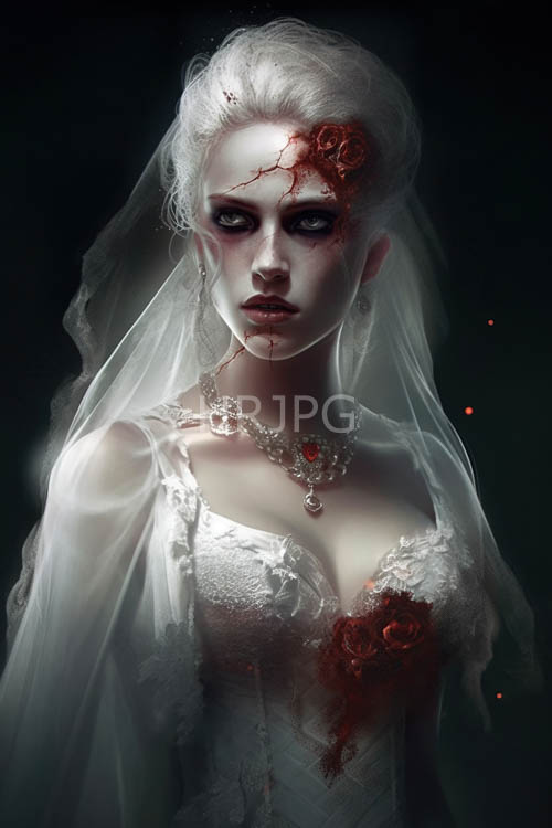 bloodstained veil and crimson roses in muted eerie candlelit chamber