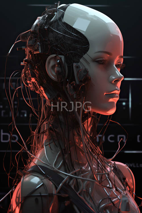 wires replace hair on robot heads pulsing red light