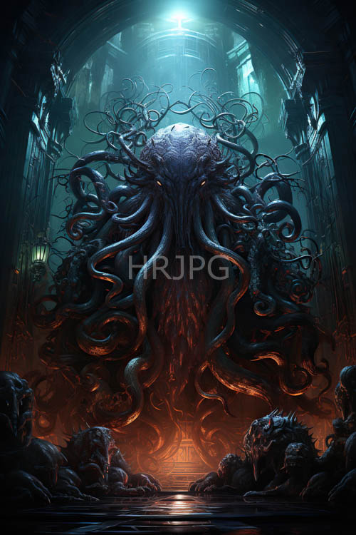 glowing redorange accents on mottled sea monster in cathedrallike dimly lit setting amidst mistshrouded floor