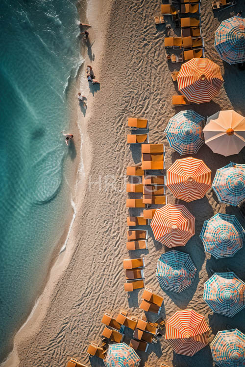 High Resolution: Turquoise waves meet orangestriped umbrellas on a tranquil sundrenched shoreline download. | HRJPG.com