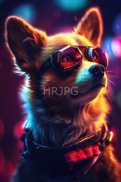 neonlit anthropomorphic chihuahuas amidst vibrant swirling cityscape backdrop