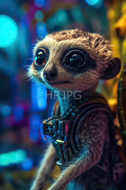 meerkat figures stand among futuristic city machinery