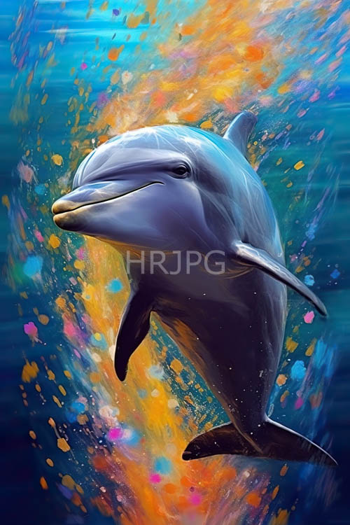 dolphin glides through aquatic realm amidst shimmering turquoise and lavender particles