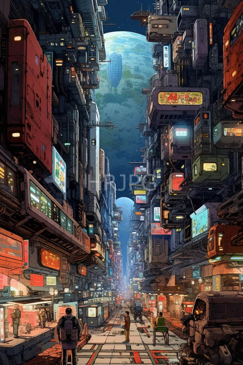neondrenched skyscrapers reflected in wet pavement with kaleidoscope of colors and flickering advertisements in alleyway
