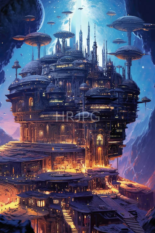 cityscape unfolding above starry expanse adorned with intricate latticework and delicate filigree