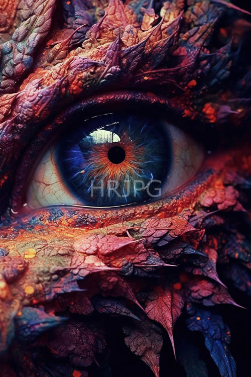 eye pupils reflect burnt orange and crimson autumn leaves