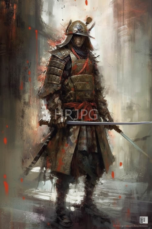 mystical aura shrouds samurai in weathered steel plating etched with intricate patterns amidst dim light