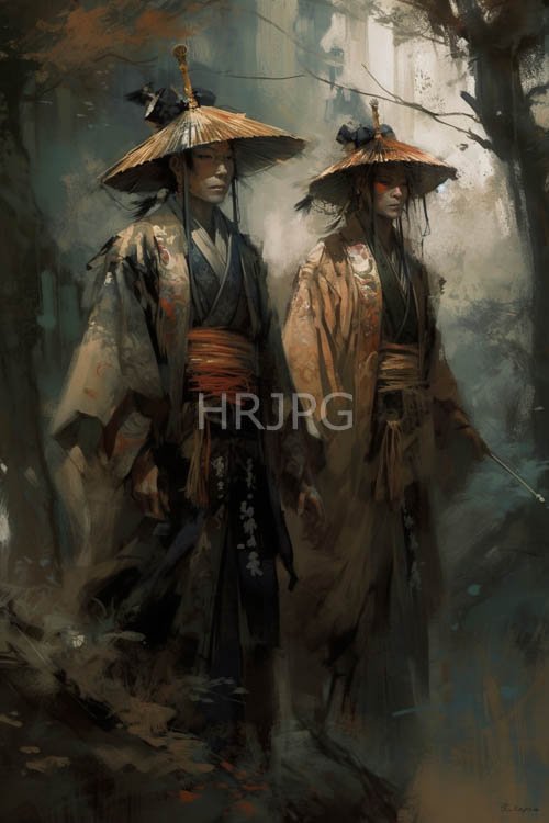 conical hats top traditional japanese attire in misty woods