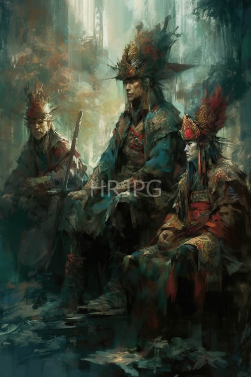 regal figures converge upon ancient forest throne amidst dappled emerald light