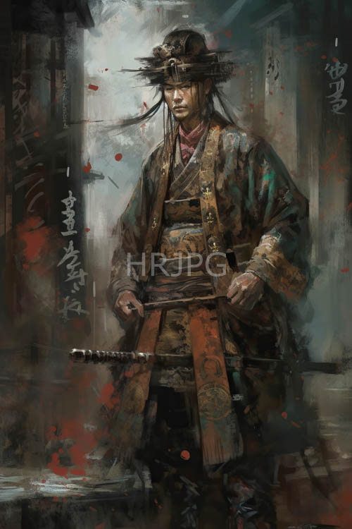samurais elegant stance in a muted misty japanese landscape amidst intricate textures