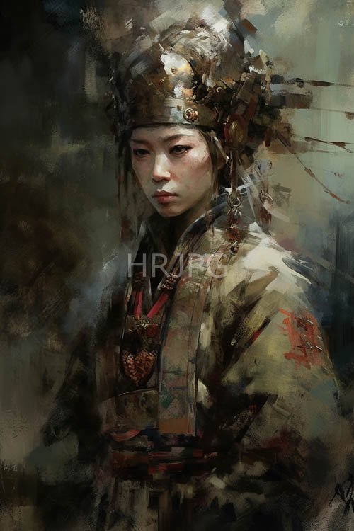 subtle intensity of asian womans features in intricate headdress amidst earthy tones and shadows